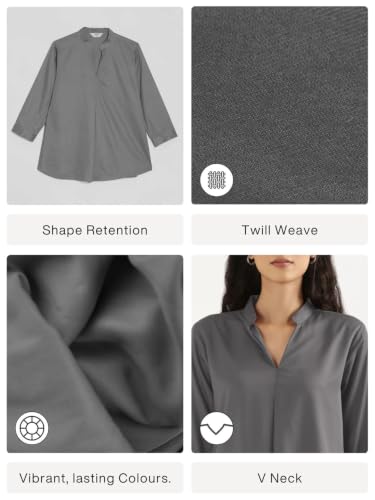Image of SAADAA Top for Women, Viscose Pleated Tops, V-Neck with a Collar, 3 /4 Sleeve Length, Office & Casual Wear