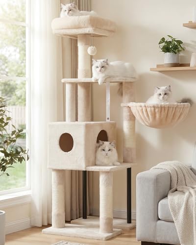 Image of Heybly Cat Tree with Toy, 49.2 inch Cat Tower for Indoor Cats HCT200SM | Spacious Cat House Condo with Hidden Space,Soft Plush Top Perch,Cozy Hammock and Sisal Scratching Posts, Beige