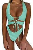 CHYRII Women's Sexy Cutout Lace Up Backless High Cut One Piece Swimsuit Monokini Beach Glass M