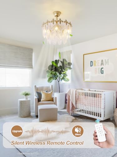 Image of 20 inch Gold Fandelier Ceiling Fan with Light, Gold Crystal Chandelier Ceiling Fans with Lights and Remote Control, Mid Century Enclosed Caged with 6 Speeds for Bedroom, Nursery, Living Room
