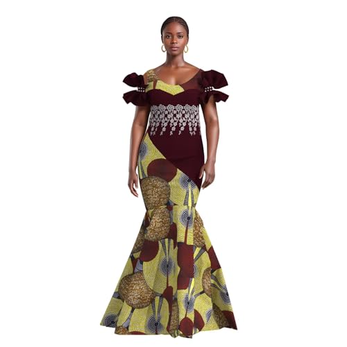 Image of iooiooi Womens Elegant Ankara Maxi Mermaid Dress Lace Decorated African Gowns