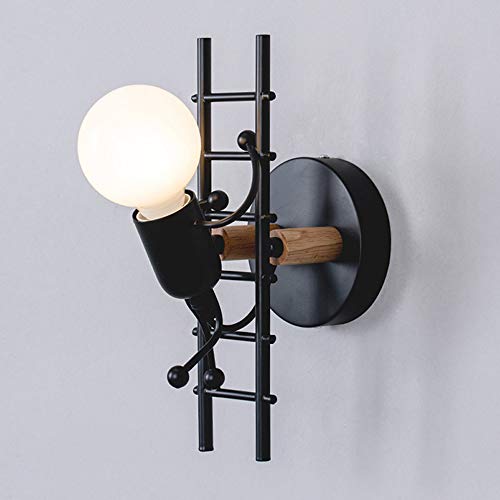 Lampe murale créative LED Décorations en bois massif lampe murale Poupée de dessins animés lampe murale Veilleuse pour bébé Enfants Chambre Salon Couloir Loft Applique murale Plafonnier E27,Noir