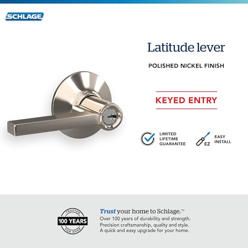 Image of SCHLAGE F51A LAT 618 Latitude Lever Keyed Entry Lock, Polished Nickel
