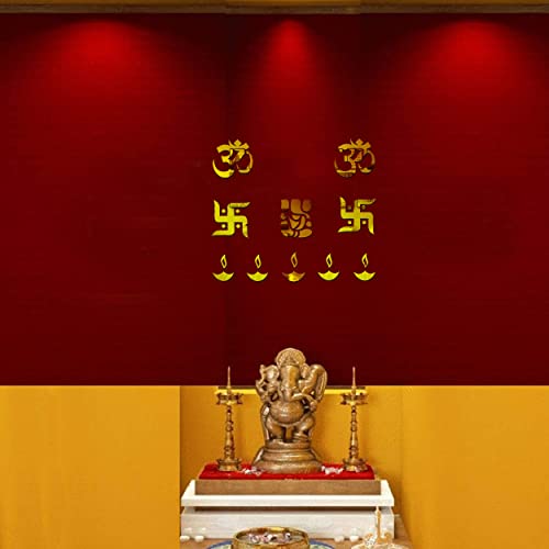 Image of VAH-Kya Bat Hai !! Spiritual Vibrational Frequencies, Peace & Meditation Acrylic Wall Art Golden Colour Wall Mirror Sticker For Pooja Room, Living Room, Bed Room, Home Decor, Innovative Gift For Father, Mother,Brother, Sister ( Pack of 1 Ganesha, 2 OM, 2 Swastika, 5 Diya Arcylic Sticker)