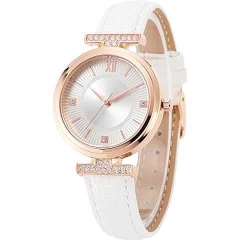 NUOVO Watches for Women Elegant White Leather Strap Rhinestone Women's Quartz Watch Water Resist Wristwatch Cover