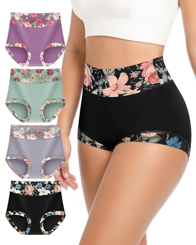 Women's Underwear Mid Waisted Panties Breathable Full Coverage Printed Comfortable ladies Floral 4 Pack S-XXL