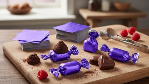 Image of Aluminum Foil Chocolate Wrappers - Candy Wrapping Sheets for DIY Chocolates, Sweets & Gifts | Food-Grade, Decorative & Easy-to-Use Foil Wraps (Purple, Pack of 1 (250 Counts))