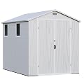 Greesum 6x8FT Plastic Outdoor Storage Shed with Floor, Resin Sheds with Lockable Double Door, Tool Sheds with Window and Vents, for Garden, Yard, Patio, Light Gray
