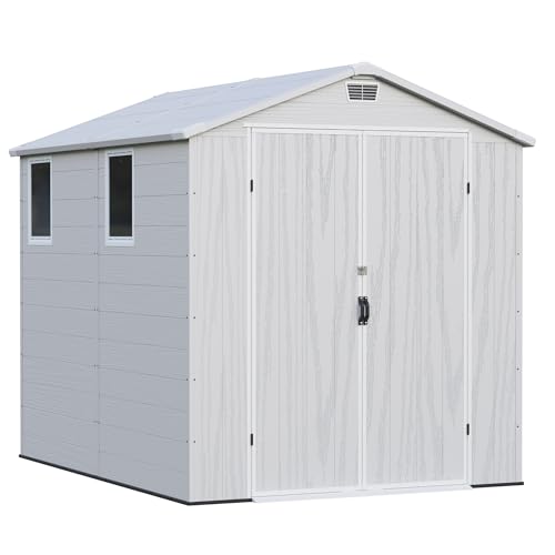 Image of Greesum 6x8FT Plastic Outdoor Storage Shed with Floor, Resin Sheds with Lockable Double Door, Tool Sheds with Window and Vents, for Garden, Patio, Backyard, Light Gray