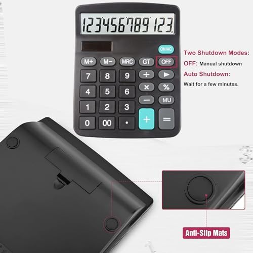 Black Desk Basic Office Calculator - 12-Digit Dual Solar Battery Calculators with Large LCD Display, Office Calculator with Large Buttons, Standard Function Desktop Calculator for Office Home School