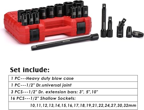 Image of MIXPOWER 1 /2-Inch Drive Shallow Impact Socket Set Metric Size 10mm-32mm CR-V 6-Point Mechanic and Repair Project 20-Piece 1 /2 inch Shallow Sockets Set with Extension Bar and Universal Joints