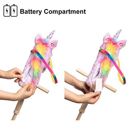 BEJOY Hobby Horse, Stick Horse Toy with Wood Wheels Real Pony Neighing Galloping Sounds Plush Toy, Unicorn Plush Toy Gift for Kids, Purple 36 inches (AA Batteries Required) - Image 6
