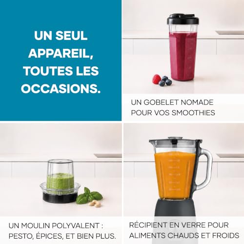 SEVERIN – Blender Mixeur Performance – 600W, Bol verre 1,5L, 2 vitesses + mode Pulse, avec gourde et accessoire broyeur, 4 Lames, Noir, SM3724