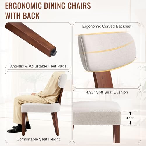 Dining Chairs Set of 2, Mid-Century Modern Upholstered Kitchen Chairs with Curved Backrest and Linen Fabric Seat, Wood Leg Accent Chairs for Dining Room, Living Room, Bedroom, Linen Beige - Image 5