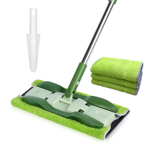 Masthome Balai Plat Microfibre 151 cm, Balai Serpillère Professionnel avec Tête pivotante 360°, Serpillère avec 4 Tampons Double Face Microfibre, pour Nettoyage de Sol, Comprend 1 Grattoir Nettoyage