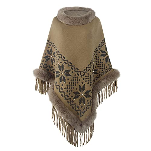 NATHGAM Women's Turtleneck Tassel Wraps Shawl Boho Faux Fur Trim Winter Poncho Sweater Oversized Embroidered Soft Cape Cloak