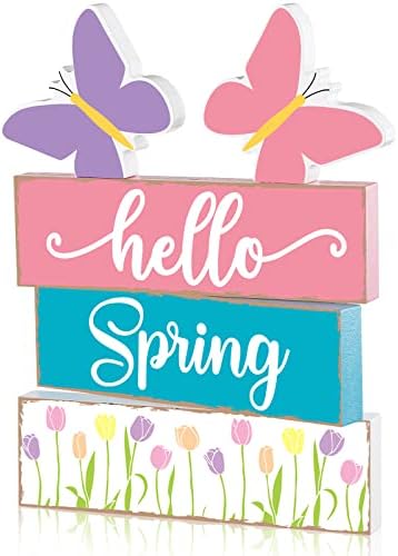 5 Pcs Hello Spring Table Centerpieces Decoration Farmhouse Spring Home House Decoration Tulips Butterfly Wooden Blocks Signs Tabletop Standing Sign De