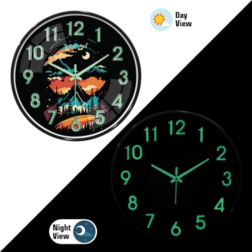 Image of RANDOM Glow in The Dark Wall Clock, Silent Non-Ticking, Mountain Landscape Design with Luminous Numbers, Black Frame, for Living Room Bedroom Office