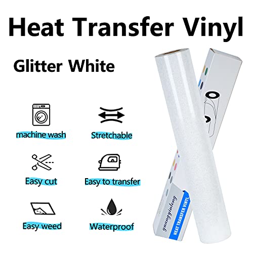 Image of guangyintong Glitter White Heat Transfer Vinyl HTV Rolls, 12 inch x 8ft Iron on Vinyl for T Shirts HTV Vinyl for All Cutter Machines Easy to Cut & Weed for Heat Vinyl Design