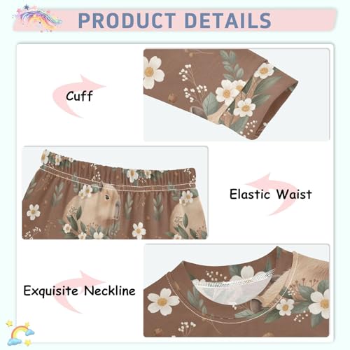 Pajama Sets Long Sleeve Capybara Floral Brown Background Soft Comfy Sleepwear 2 Piece PJS 3-8T4
