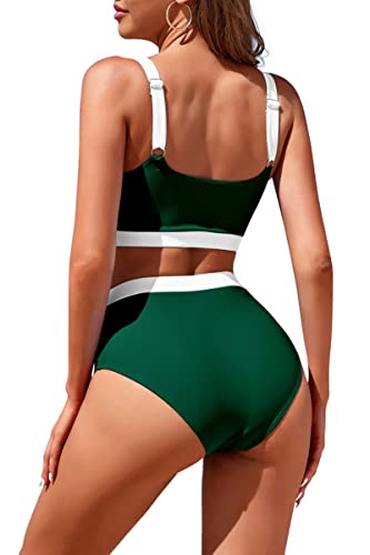 Image of Womens High Waisted Bikini Sets Sporty Crop Top Color Block Swimwear Bandeau Scoop Neck Vintage Two Piece Bathing Suits