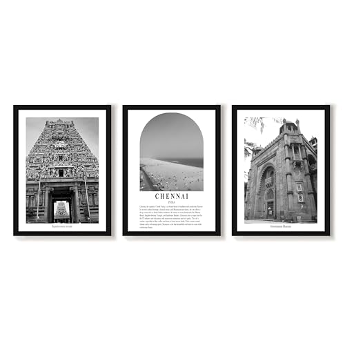 Image of PAINTINGMANTRA Wall Art for Home A3 Chennai Wall Art Prints Pack of 3 Framed Wall Decor Featuring Heritage Landmarks, Famous Historic Monuments Wall Art for Living Room, Bedroom, Office (32x44 cm)