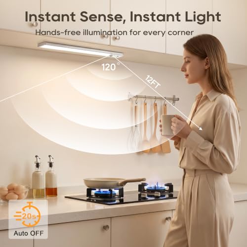Image of 14.7 Inch Under Cabinet Lighting with Remote, 6 Color Temps Motion Sensor Light Indoor, LED Power Display Rechargeable Battery Operated Closet Light, Dimmable Under Counter Lights for Kitchen-2 Pack