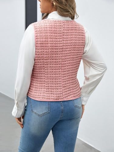 WDIRARA Women's Plus Size Plaid Print Tweed Waistcoat Button Front Sleeveless Vest Blazer Jackets2