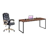 Conjunto de Mesa Kuadra Nogal com Cadeira de Escritório Presidente Giratória com Relax Clark Preta e Dourada