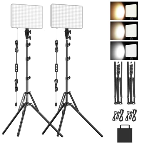 2-Pack LED Video Lighting Kit, Anautin 15W/1700Lux Photography Lighting with Tripod Stand, 2500-8500K Dimmable Streaming Light for Video Recording, Gaming, Podcast, Barber, Salon, TikTok, YouTube
