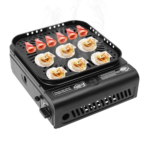 HUOMMGS 2 In 1 Camping Gasgrill Set 2,3KW Klein Gas Grill Tischplatte Campingkocher Außen Campinggrill 31 x 27cm BBQ Campingkocher mit 19cm Topf, E Zündung Balkon Grill für Wandern (Schwarz)