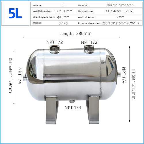 Image of 1.3Gallon 304 Stainless Steel High Pressure Mini Small Portable Air Tank Air Reservoir Water Storage Tank(5L-SG)