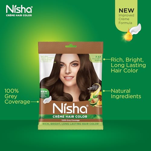 Image of Nisha Cream Permanent Hair Colour for Women & Men, Chocolate Blonde - 100% Grey Coverage, Long Lasting Hair Dye, Deep Shine & Conditioning with Natural Herbs, 50g (Pack of 4)
