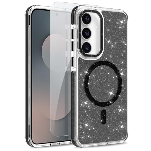 Image of Magnetic Case for Samsung Galaxy S25 FE 5G [Compatible with Magsafe] [Bling Glitter Fluorescent Design] [1 Screen Protector] Slim Translucent Matte Case for Galaxy S25 FE 5G 6.7 inch, Black