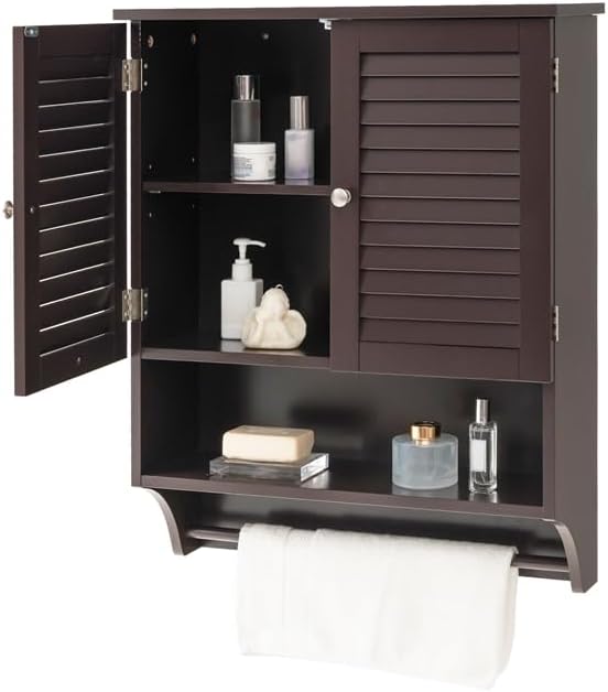 MAT EXPERT Bathroom Wall Cabinet, Hanging Storage Cabinet w/Louvered Doors, Adjustable Shelf & Towel Bar, Over The Toilet Cabinet, Space-Saver Medicine Cabinet for Laundry Room Bathroom (Espresso)