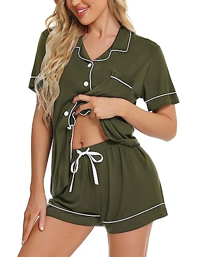 Image of SWOMOG Womens Button Down Pajamas Set Short Sleeve Sleepwear Bride Soft Pj Lounge Sets XS-3XL