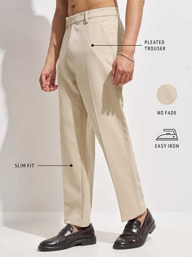 Image of Highlander Men Men Solid Korean Trousers|Relaxed fit|Mid-Rise|Premium Blend|All Day Smart Wear Workwear