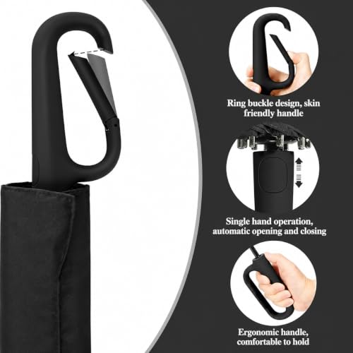 Image of FLYNGO Umbrella for Rain Big Size with Carabiner Handle, UV Coated 3-Fold Travel Umbrella for Sun Protection, Windproof Reinforced 10 Dual Ribs, Automatic Open /Close