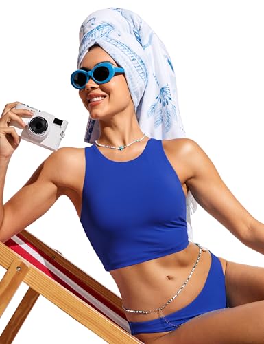 Image of CRZ YOGA Racerback Crop Bikini Tops | Built-in Pads, A-D Cup, High Neck, Swim, Bathing Suit Tank for Women
