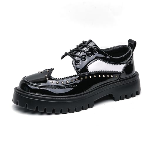 Men's Patent Leather Platform Block Heel Derby Shoes Fashion Studded Lug Sole Lace Up Oxford Shoes Casual Business Office Dress Shoes
