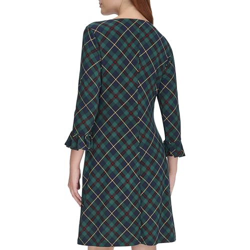 Image of Tommy Hilfiger Women's 3 /4 Ruffle Trim Sleeve Round Neck Jersey Shift Mini Dress