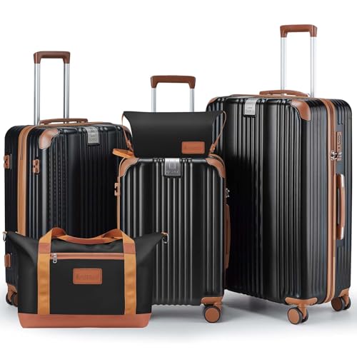 Luggage Set 3 Piece Luggage with PC+ABS Hardshell TSA Lock Spinner Wheels Carry on Lightweight Suitcase,Cup Holder,YKK Zippers (Black, 5 piece sets(20/24/28/DB/TB))