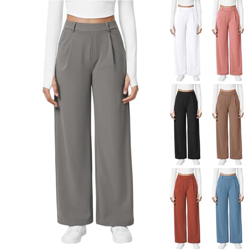 Womens Dress Pants for Work Comfy Casual High Waisted Work Pants Baggy Stretchy Fashion Pleated Front Pull on Business Office Straight Leg Trousers with Pockets Lounge Trendy Womens Trousers Gray M