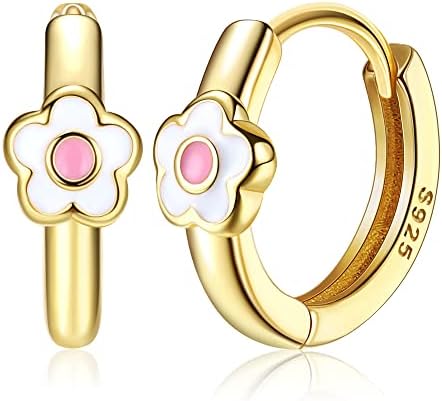 MILACOLATO Hoop Earrings Toddler 18K White Gold Plated Sterling Silver Daisy Hoop Earrings Cartilage Gold Earring Hypoallergenic Pink Dasiy Flower Huggie Hoop Earrings for Women