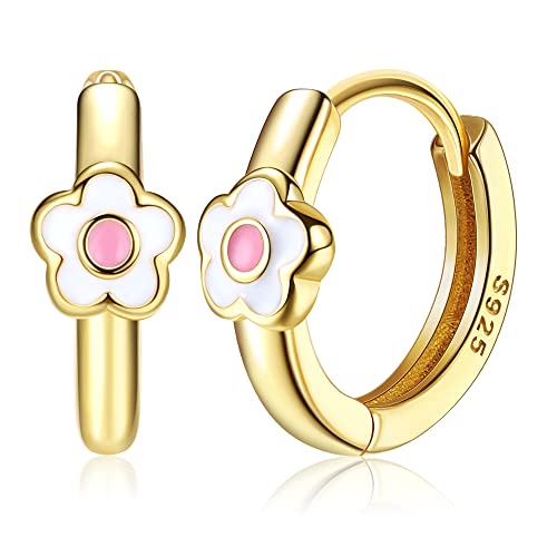 MILACOLATO 925 Sterling Silver Small Hoop Earrings Toddler 18K Gold Plated Daisy Earrings Pink Yellow FLower Huggie Hoop Earrings for Women Hypoallergenic Earrings for Sensitive Ears