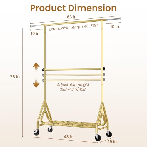 Image of Double Rods Clothing Rack, Heavy Duty Clothes Rack for Hanging Clothes Load 560LBS, Metal Rolling Garment Racks with Wheels, Freestanding Clothes Hanging Racks, Gold