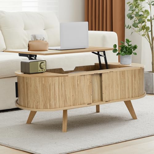 Bifins Lift Top Coffee Table with Storage,47.2\" Oval Coffee Table with Sliding Tambour Door,Mid Century Modern Coffee Table with Lifting top for Living Room (Natural, Tambour Door) - Thumbnail 6