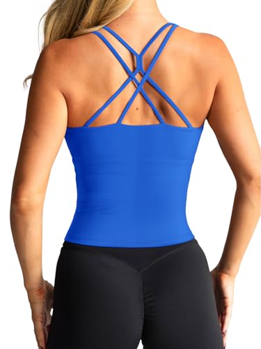 Image of LASLULU Womens High Neck Workout Tank Tops with Built in Bra Strappy Back | Low to Medium Impact,Longline Halter Neck Sports Bra,Fitted Compression,Padded Athletic Yoga Running Gym Pilates Tank Tops