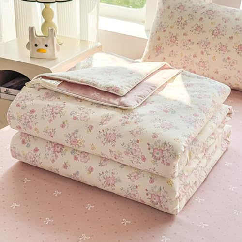 DOTBUY-SHOP Colcha Boutí Cubrecama de Dos Modernos Impresión Floral, 100% Algodón - Suave Ligero y Transpirable, Cama Multiusos para Primavera y Verano Colchas (Rosa Blanco,200x230cm)