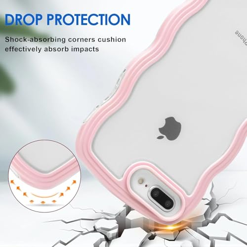 Image of GoldKart iPhone 7 Plus / 8 Plus Case Wavy Edge Clear Back Design, Anti-Slip Grip Cute Wave Curly Frame Shape Shockproof Soft TPU & Hard PC Bumper Protective Phone Case Cover for Women Girls - Pink